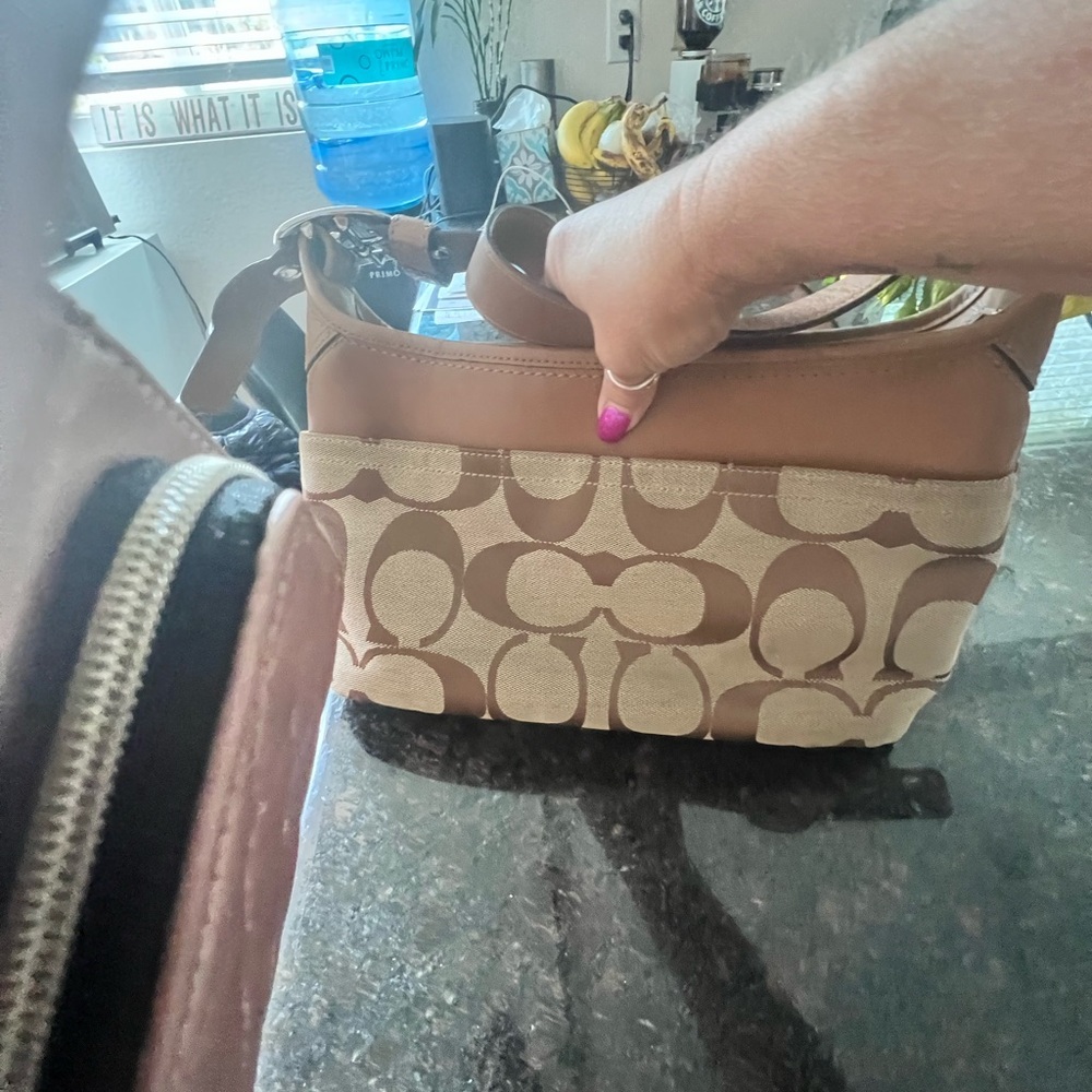 Coach Brown and Cream Shoulder Bag with Signature Monogram